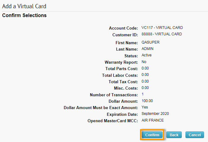 Add a Virtual Card Confirm Selections
