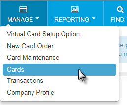 Select Manage and then Cards