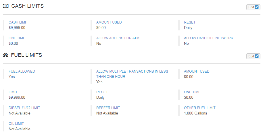 cash and fuel limits