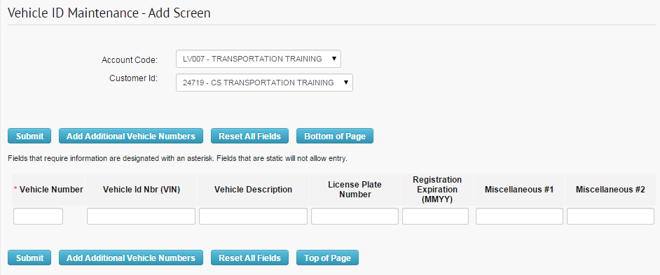 Vehicle ID Maintenance Add Screen