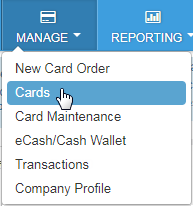 Select Manage and then Cards