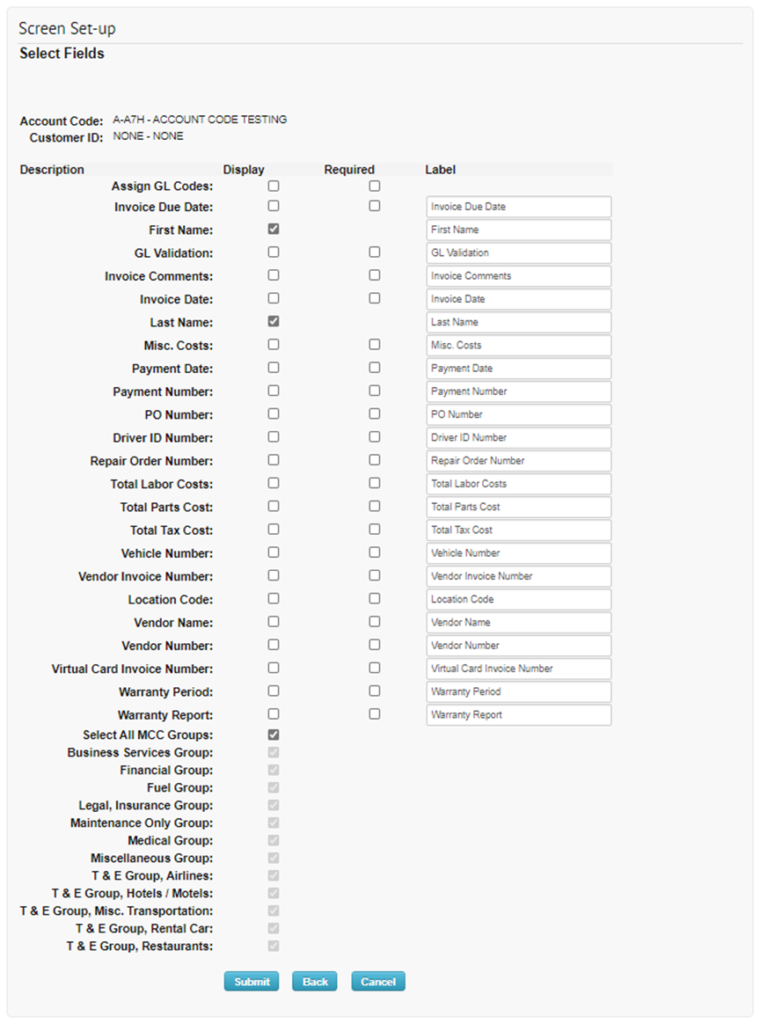 Virtual Comchek Screen Setup Page